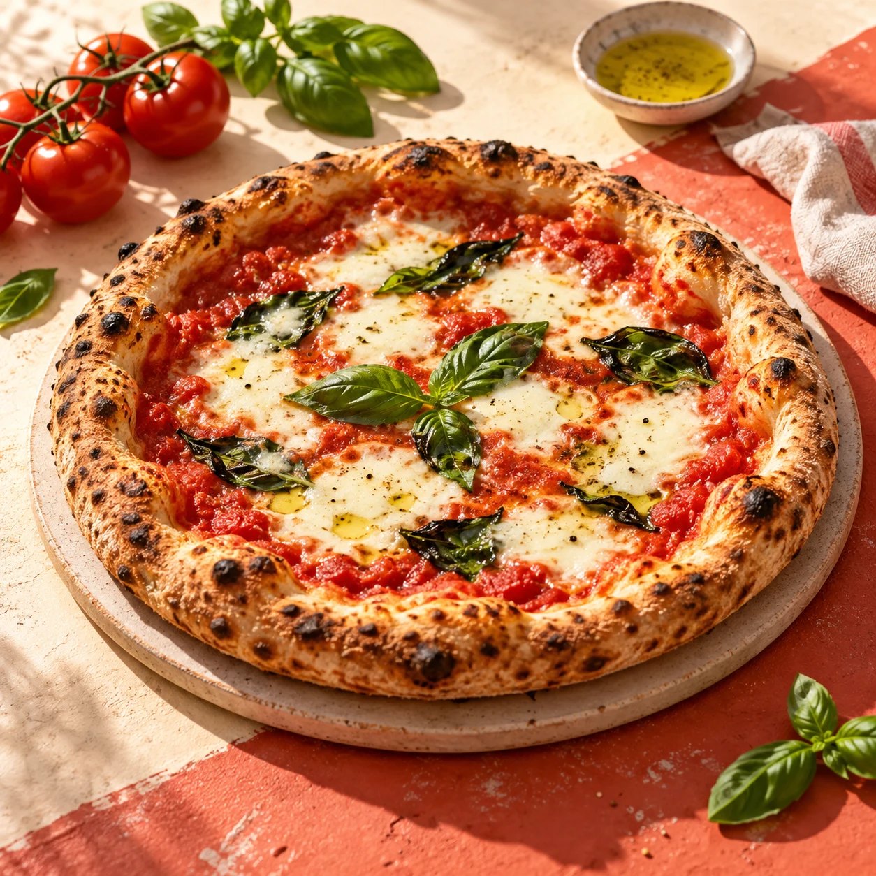 Pizza met tomaat, mozzarella en basilicum